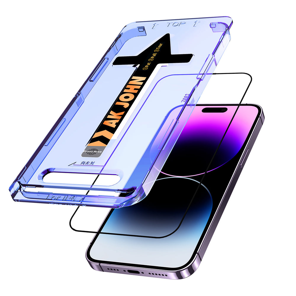 AK JOHN 2 Pack for iPhone Glass Screen Protector, Auto Dust-Elimination Installation, Bubble Free, Easy Installation
